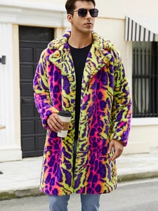 Men's faux fur coat with bold colorful leopard print and oversized lapel collar