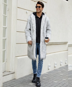 Close-up of grey faux fur coat featuring a large hood and premium textured material