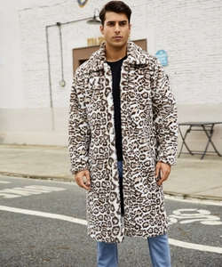 Detail of men's long faux fur leopard print coat with classic lapel in street style