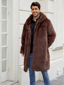 Men's brown long faux fur coat with lapels and plush texture for winter outerwear