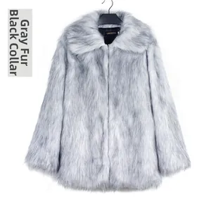Close-up of grey faux fox fur jacket with black tips featuring a classic lapel collar