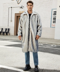 Close-up of winter long faux fur coat with lapel collar for men in urban setting