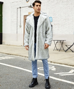 Close-up of high-quality silver grey faux fur coat for men with a large notched lapel