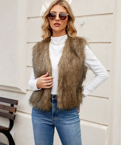 Detail showing plush long-hair brown faux fur texture on a stylish women's vest