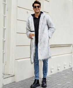 Close-up of fluffy white faux fur texture on men's long coat with grey-tipped fibers