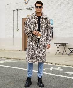 Mens long faux fur overcoat featuring classic leopard print and wide lapels for winter