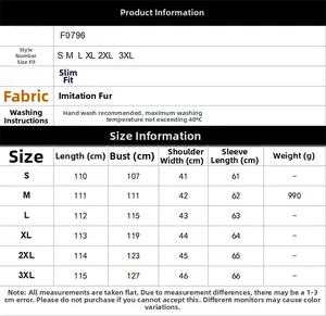 Detailed size chart for men's faux fur long coat including chest and shoulder measurements