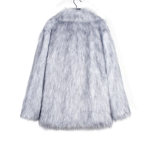 Rear view of long sleeve light gray faux fox fur jacket with thick fluffy texture details