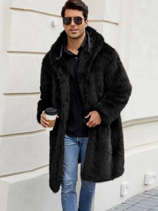 Men's long faux fur hooded coat in black with large lapels for winter warmth