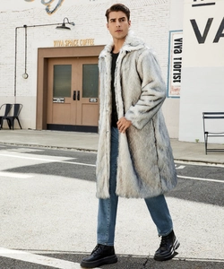 Street style shot of a long faux fur coat for men in light grey with wide lapels