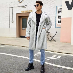 Detail of light grey faux fur coat with oversized lapel on a male model street style