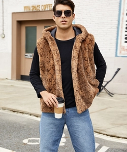 Detailed texture of men's hooded faux fur vest featuring brown python reptile pattern print