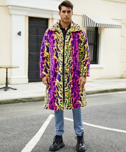 Detail of neon leopard print faux fur coat with bold pink, yellow and green colors