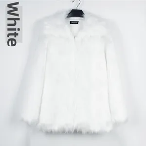 Detail of white faux fur jacket showing fluffy texture and collar label by LANSHIFEI