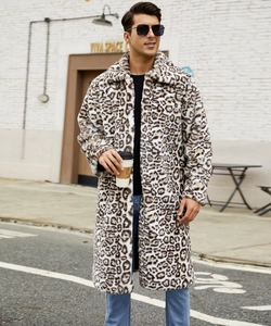 Detailed texture of men's long faux fur coat with bold leopard print and classic lapel collar