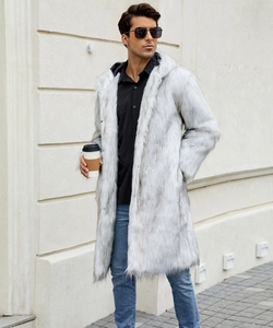 Detail view of men's long faux fur hooded coat with textured grey and white fibers