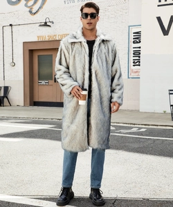 Detailed close-up of textured grey and white faux fur fabric on men long coat