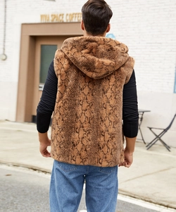 Detailed back view of men's faux fur hooded vest featuring realistic snake skin print