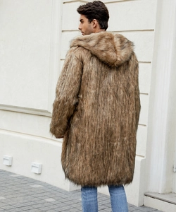 Rear view of men's long faux fur hooded coat in brown showing premium texture and drape