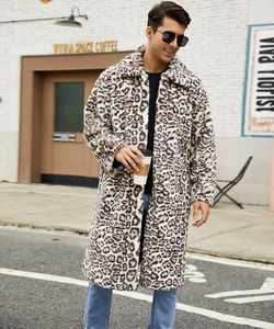 Detail of men's faux fur long coat featuring leopard print and classic lapels