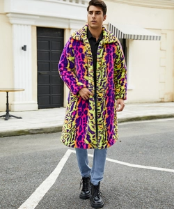 Detail of colorful rainbow leopard faux fur coat texture on a male model outdoors