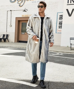 Detailed texture of men's gray gradient faux fur long coat with stylish lapel collar