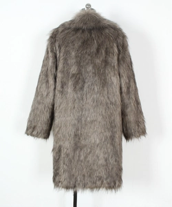 Close-up detail of plush long-hair faux fur texture on this stylish taupe grey winter coat