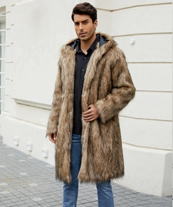 Close-up of premium brown faux fur texture and hood detail on men's winter long coat