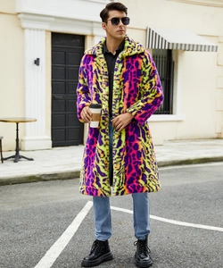 Detail of multi-color leopard faux fur coat featuring vibrant yellow and purple patches