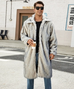 Close-up of men's faux fur long coat featuring a thick textured grey lapel and plush finish