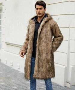 Detailed texture of men's long faux fur hooded coat in brown multi-color plush material
