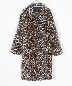 Detailed view of leopard print faux fur coat featuring a soft texture and wide collar