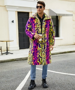 Detail shot of men long faux fur coat with vibrant neon camo leopard print texture