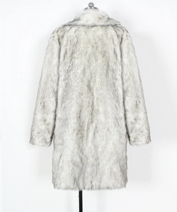 Detailed close-up showing the gradient grey-white texture of the men's faux fur long coat