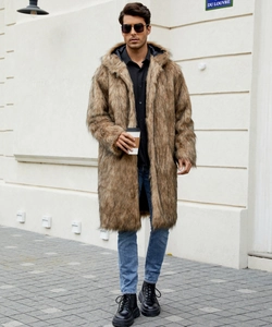 Macro detail of the plush faux fur texture and hood on this warm men's long coat