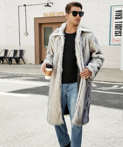 Close-up of mens faux fur coat featuring grey wolf texture and wide lapel collar