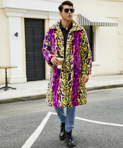 Macro detail of multi-colored leopard print faux fur coat with neon purple and yellow texture