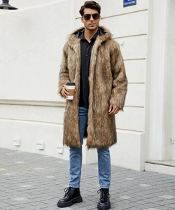 Detailed texture of men's long faux fur coat featuring brown plush material and a hood