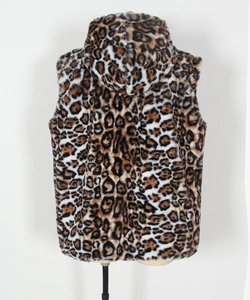 Rear view of a premium faux fur leopard print hooded vest with soft plush texture