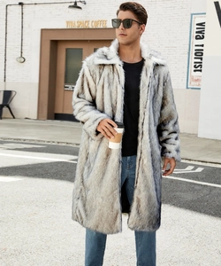 Detailed texture of high-quality faux fur on men's long winter coat with a notched lapel