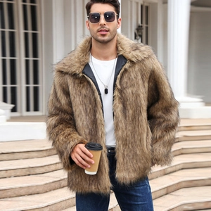 Men Luxury Faux Fur Coat With Lapel Collar Thick Warm Winter Jacket Urban Casual Long Sleeve Outerwear For Daily Wear