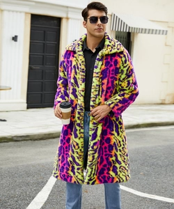 Detail of colorful leopard faux fur coat with vibrant purple green and yellow texture