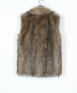 Rear view of a mid-length brown faux fox fur vest showing soft and fluffy texture