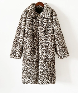 Detail of high-density faux fur material with leopard print pattern and lapel collar