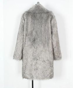 Rear view detail of a long-sleeved gray faux fur coat with thick plush texture