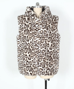 Detailed view of women's leopard print faux fur vest with a cozy hooded design