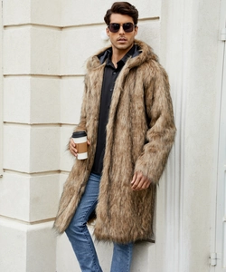 Detail of premium brown faux fur texture on men's long hooded winter coat and collar