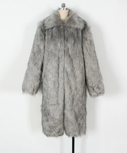 Detail of silver gray faux fur coat showing plush long-hair texture and lapel design