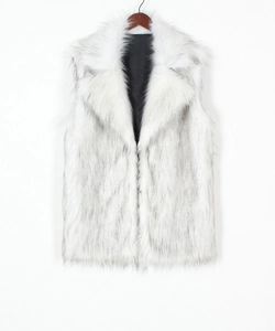 Detail of faux fox fur vest showing white long hair with grey tips and large lapel