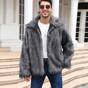 Men's grey faux fur jacket with lapel collar shown in a stylish outdoor setting